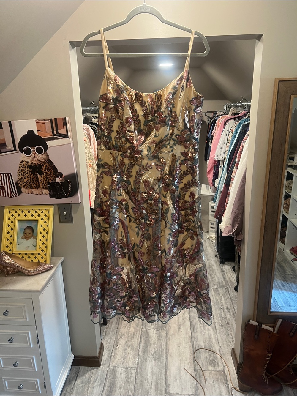 Dress the Population Gold Sequin Floral Midi Dress with Pink and Green Accents